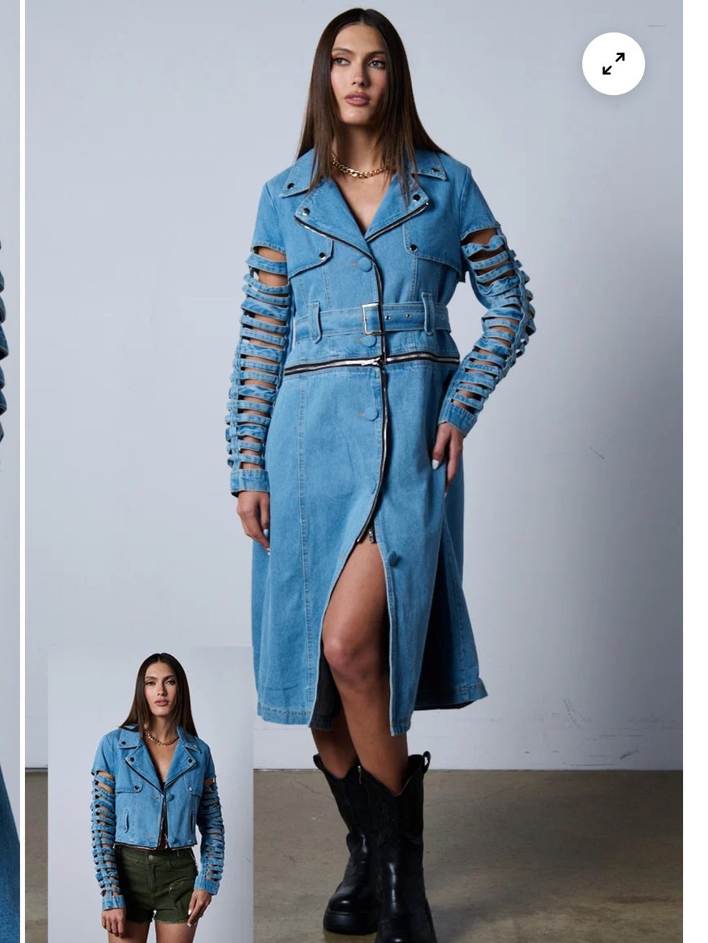 AKIRA Blossom Denim Cut Out Sleeves Convertible Trench Coat